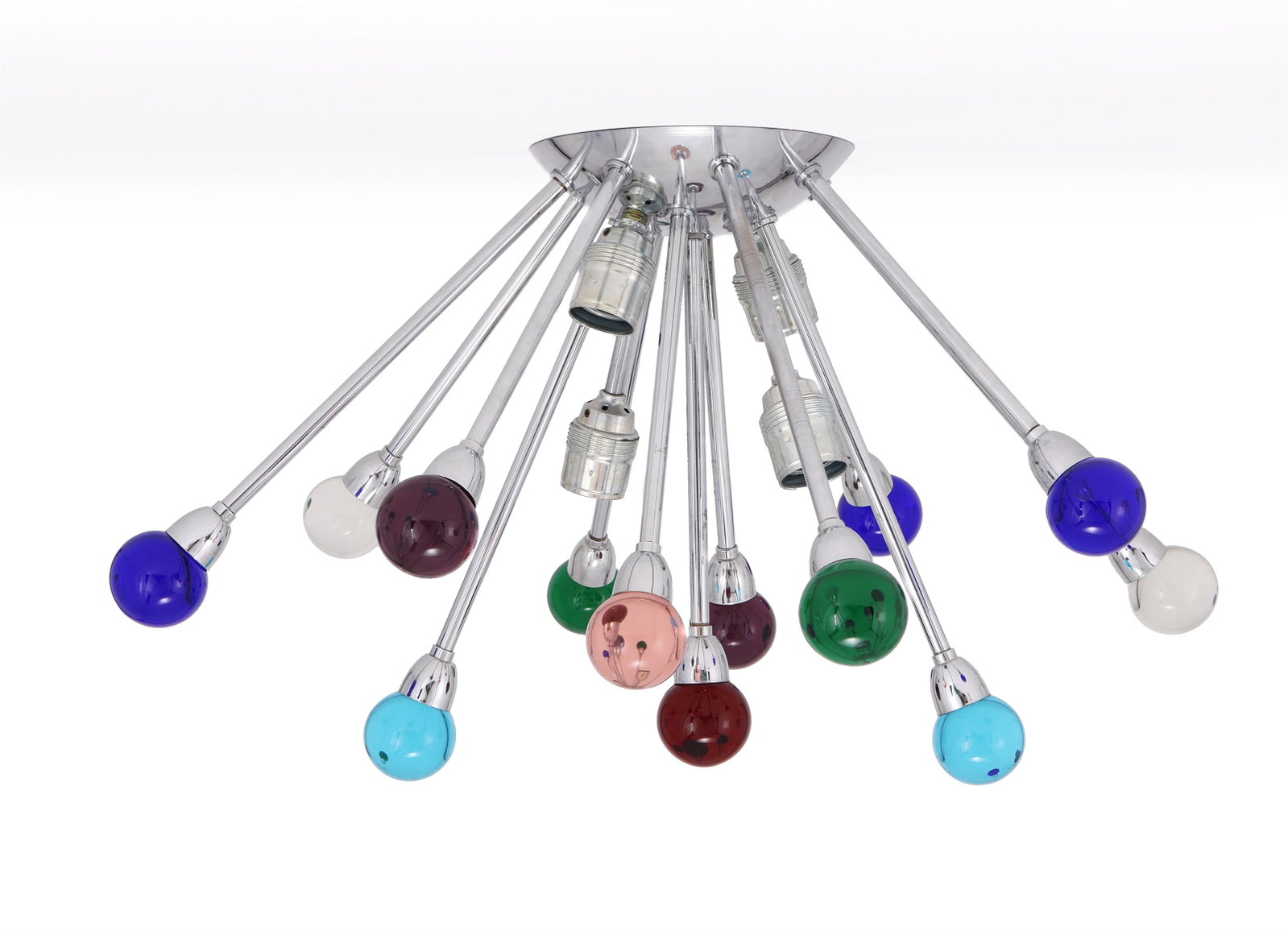 MODERN, PAIR OF SPUTNIK MOUNTED LIGHTS, SECOND HALF 20TH CENTURY: MODERNPAIR OF SPUTNIK MOUNTED LIGHTS, SECOND HALF 20TH CENTURYChrome, spherical coloured glass in green, blue, pink, amber, red and clear; four light fixtures33cm drop, 60cm wide