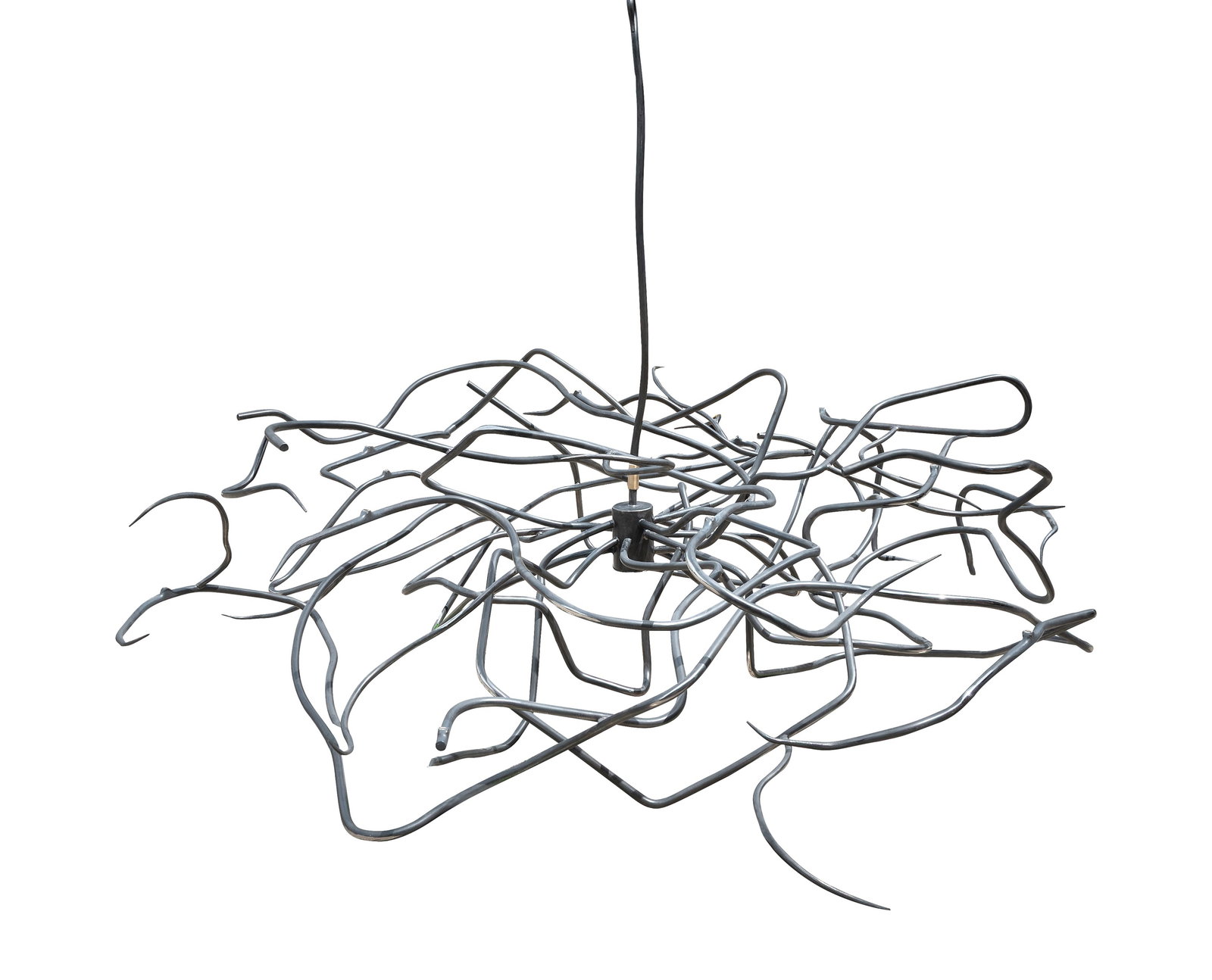 REBECCA WELZ (AMERICAN), CHANDELIER, 21ST CENTURY: REBECCA WELZ (AMERICAN)CHANDELIER, 21ST CENTURYWelded steel, coated brass, LED lightsTwelve branches each with stamped alphabetically ascending letters from 'a-l'100cm hang, 250cm wide, 250cm deepProv