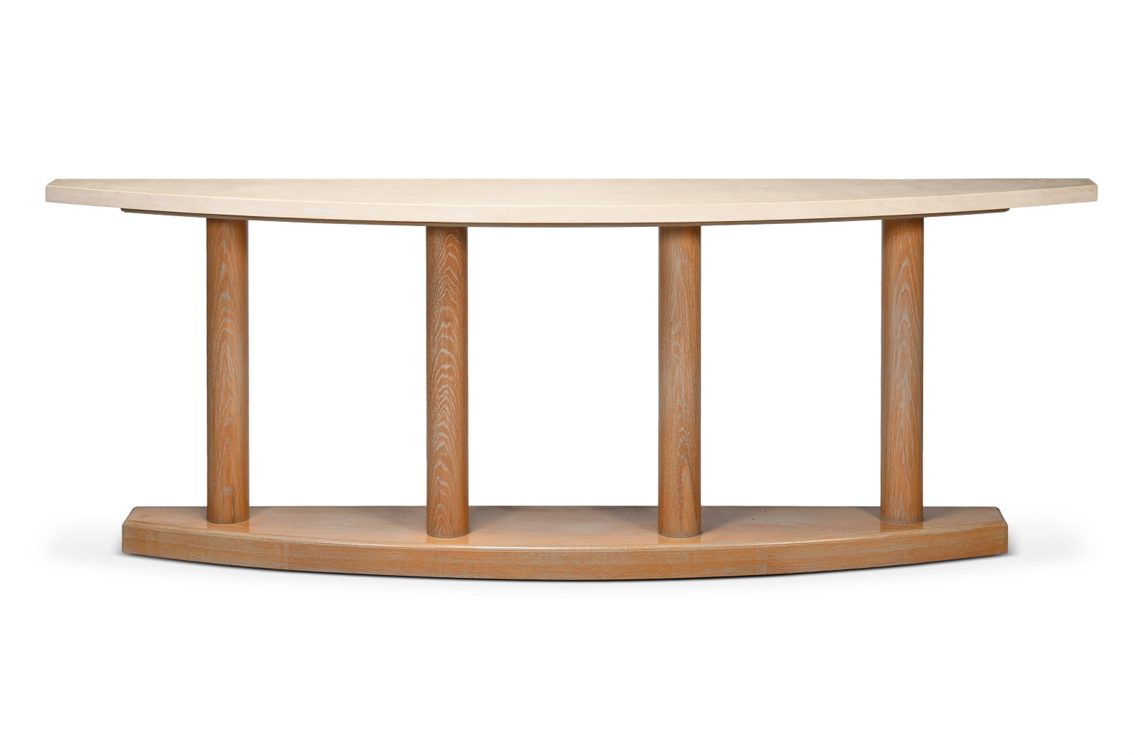 MODERN, DEMI-LUNE CONSOLE TABLE, 21ST CENTURY: MODERNDEMI-LUNE CONSOLE TABLE, 21ST CENTURYLimed oak, composite stone89cm high, 250cm wide, 42cm deep