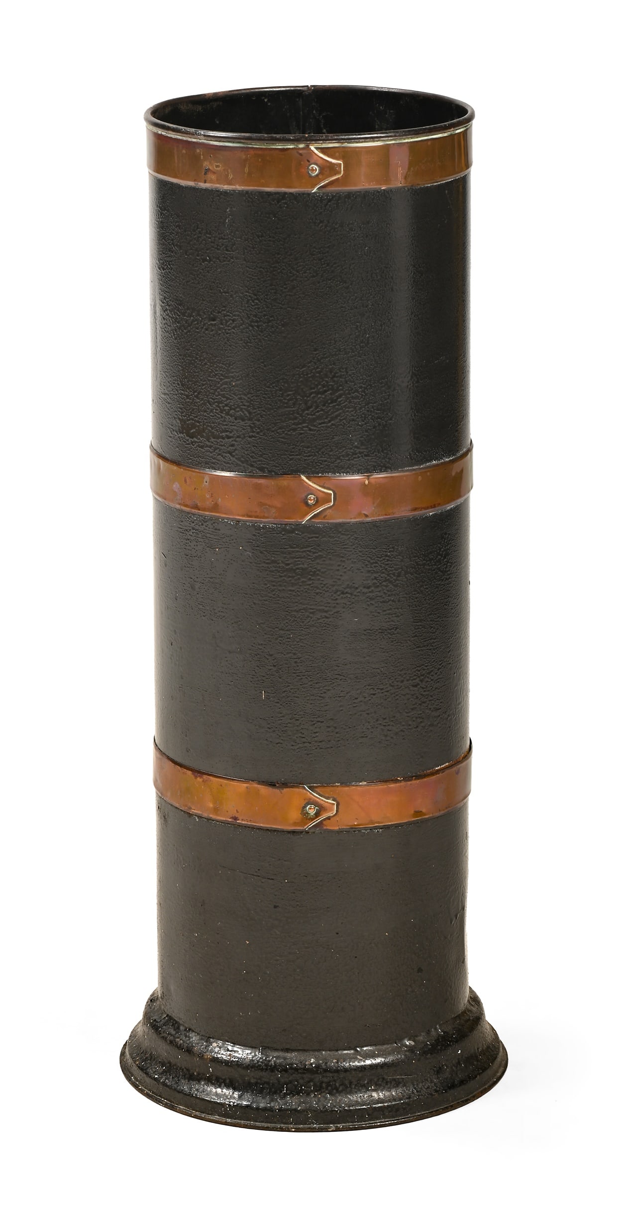 A LACQUERED METAL AND COPPER BOUND CYLINDRICAL STICK STAND, LATE 19TH OR EARLY 20TH CENTURY: A LACQUERED METAL AND COPPER BOUND CYLINDRICAL STICK STANDLATE 19TH OR EARLY 20TH CENTURY64cm high, 26cm diameter