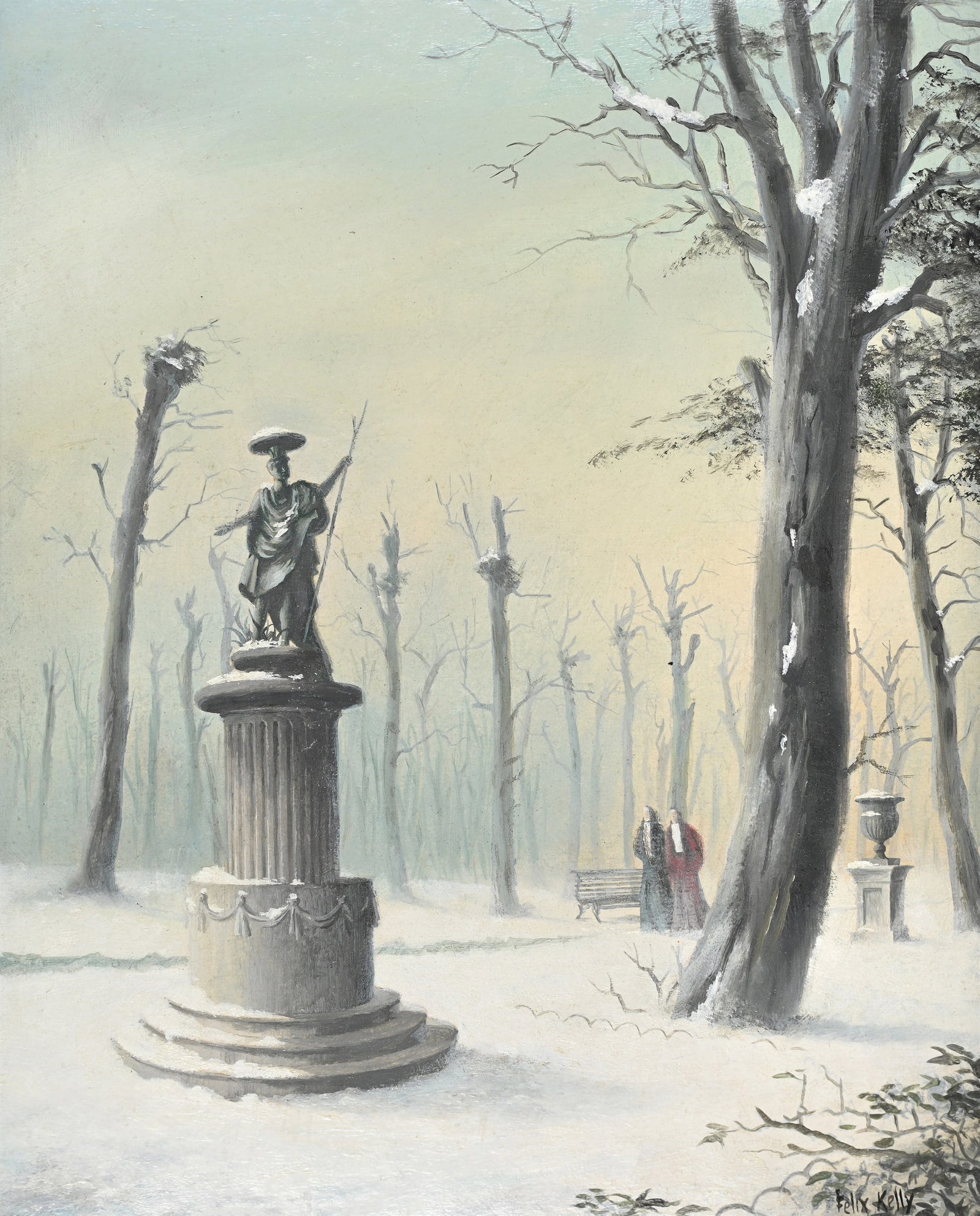 λ FELIX KELLY (BRITISH 1914-1994), SNOW IN THE PARK: λ FELIX KELLY (BRITISH 1914-1994)SNOW IN THE PARKOil on boardSigned (lower right)36.5 x 29cm (14¼ x 11¼in.)Provenance:Sale, Christie’s London, 28 March 1996, lot 195Abbott and Hol