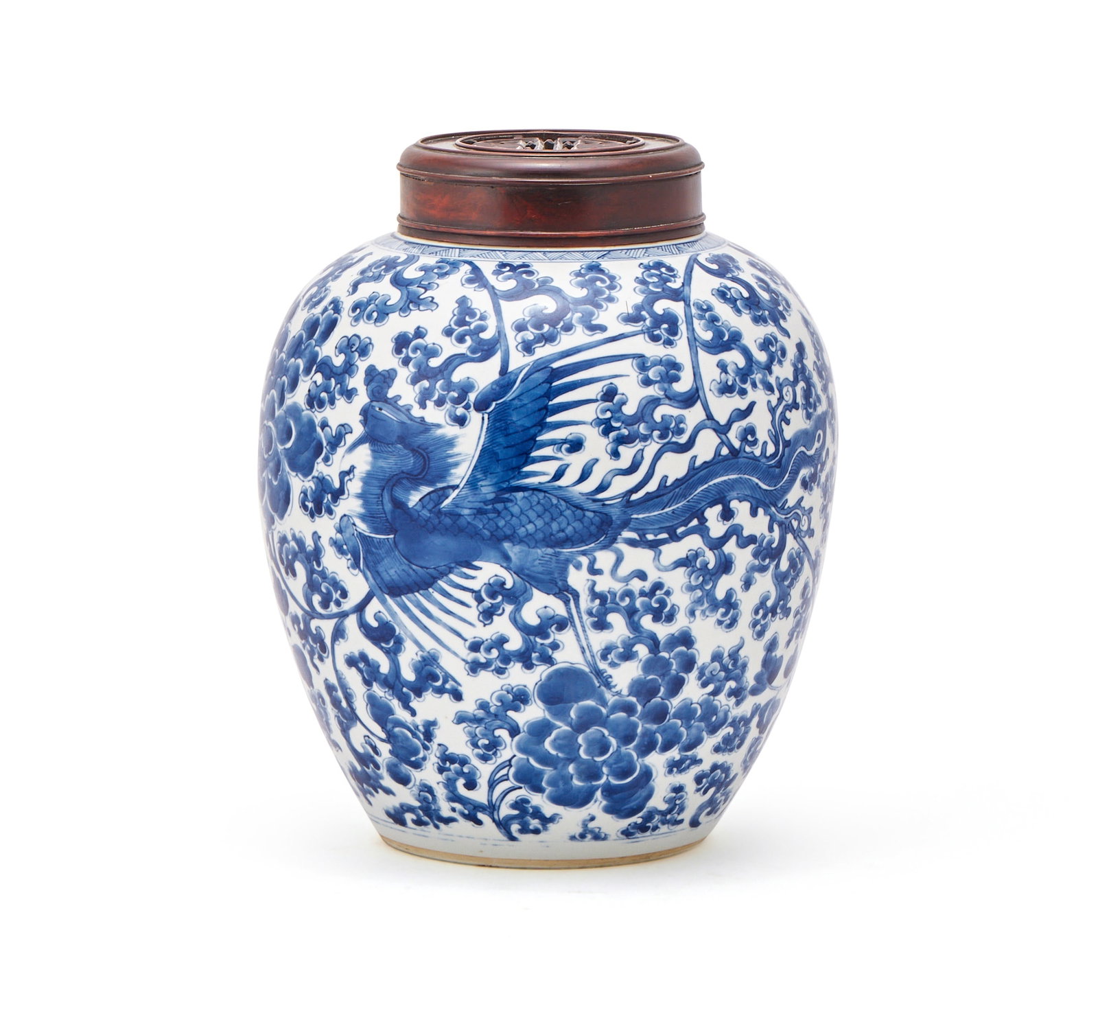 A large blue and, white ‘phoenix and peony’ jar: A large blue andwhite ‘phoenix and peony’ jarQing dynasty, Kangxi periodpainted with two phoenixes amongst scrolling peony30cm highProvenance:Clive Brans Antiques, Perth Australia (accordi