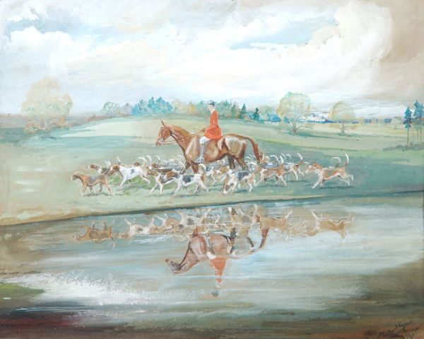 Michael Lyne (1912-1989) Huntsmen and hounds passi: Michael Lyne (1912-1989) Huntsmen and hounds passing a lake GouacheSigned and dated 1934 lower right24 x 30 cm (9 1/2 x 11 3/4 in)Please note: This lot may be subject to Droit de Suite