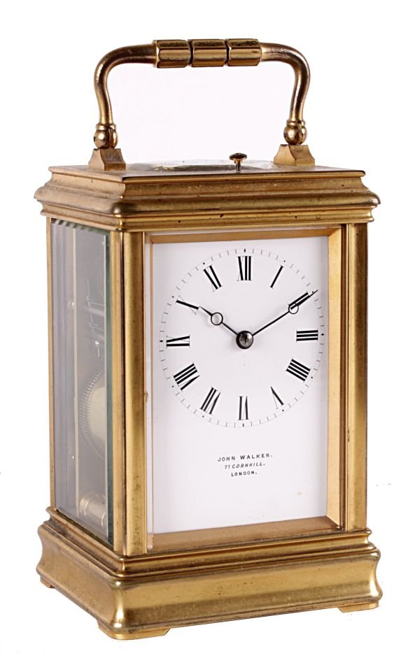 A French brass petit sonnerie striking carriage cl: A French brass petit sonnerie striking carriage clock with push-button repeatRetailed by John Walker, London, late 19th centuryThe eight-day movement ting-tang striking the quarters on two graduated g