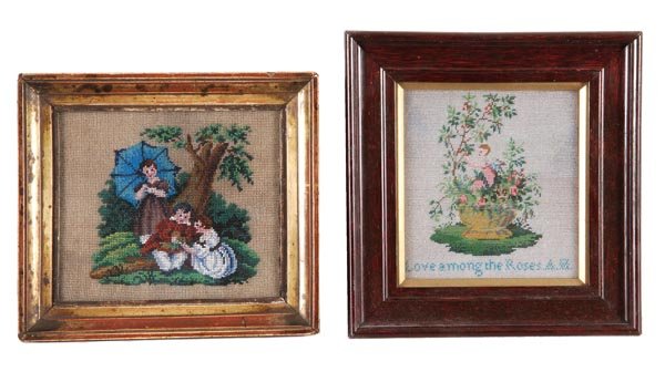 A beadwork picture, early 19th century, designed with: A beadwork picture, early 19th century, designed with two children under a tree and another standing with a parasol, worked in coloured beads, 13.5cm x 15.5cm and another beadwork picture titled 'Love