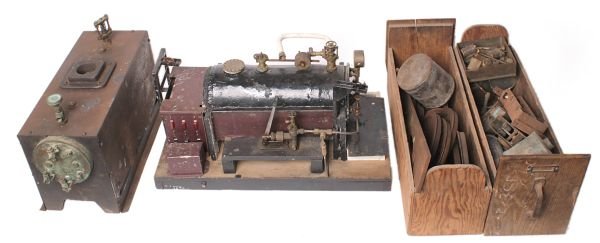A live steam model of a Lancashire type horizontal: A live steam model of a Lancashire type horizontal boiler, with fitted sight-glass, pressure gauge, safety valve and steam control inlet, the copper horizontal boiler with safety valve; together with 