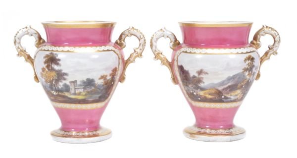 A pair of Mason's Ironstone inverted baluster two-: A pair of Mason's Ironstone inverted baluster two-handled vases, painted with panels of landscapes and reserved on a pink ground, probably decorated by Samuel Bourne15.5cm high, two line impressed mar