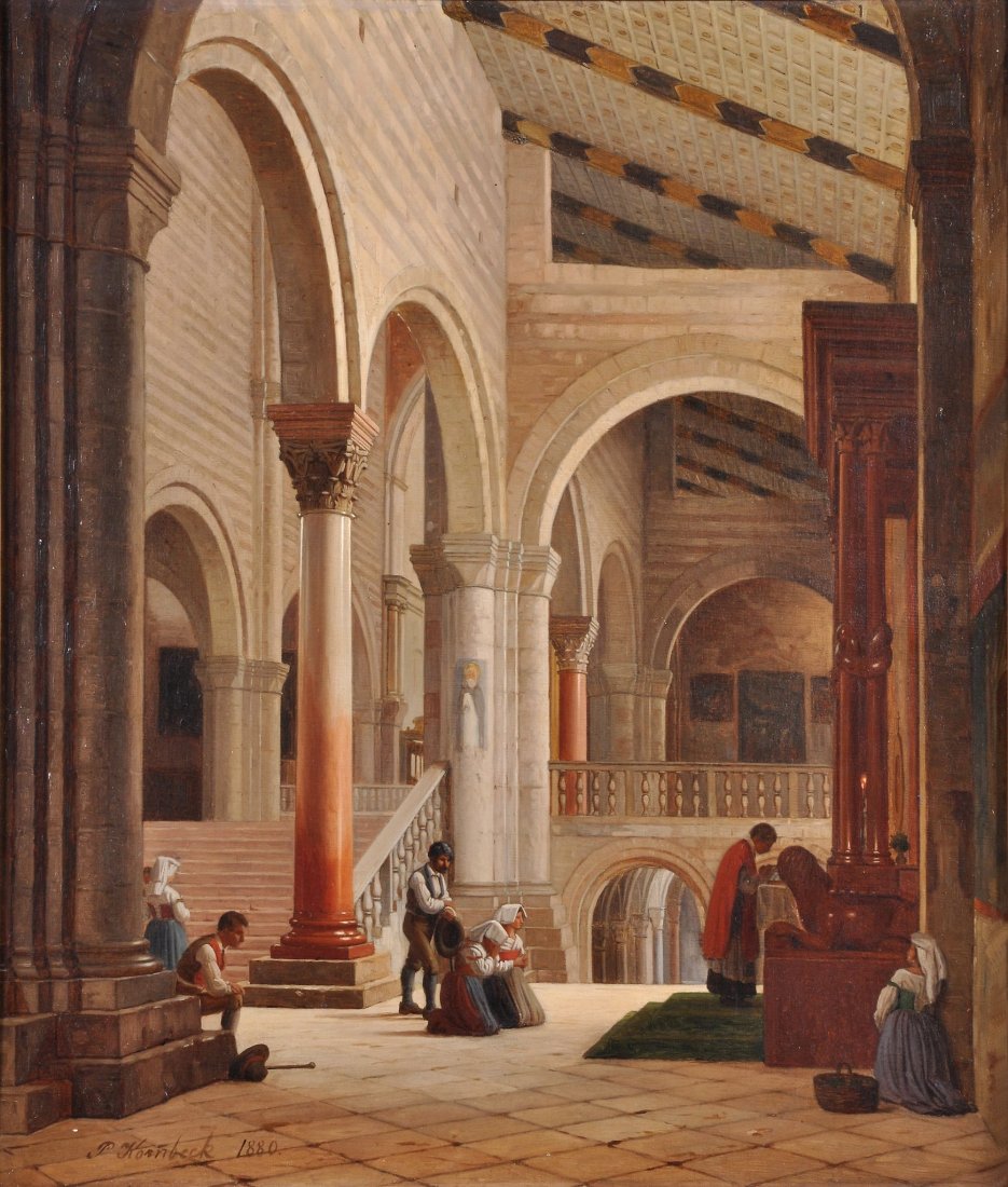 Peter Kornbeck (1837-1894) - Figures in a church i: Oil on canvas Signed and dated 1880 lower left 58.5 x 51 cm (23 x 20 in)