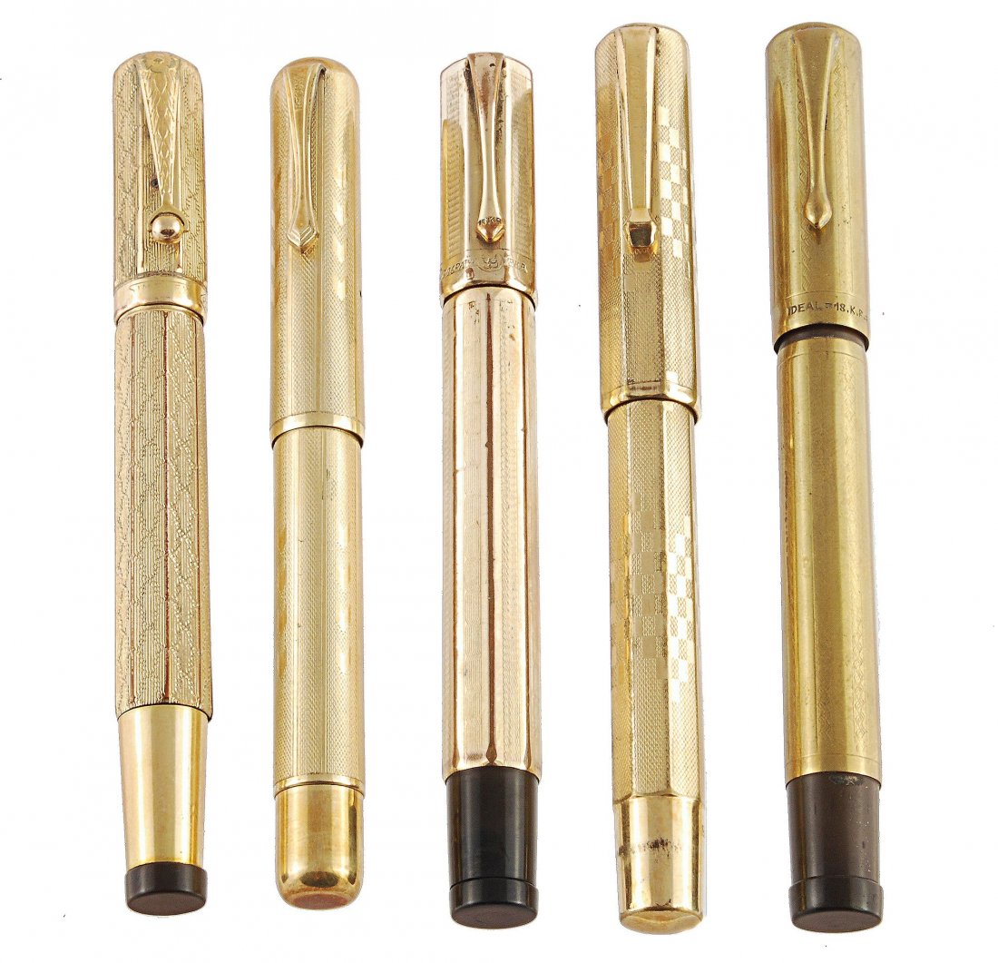 A Waterman Ideal gilt metal safety fountain pen: A Waterman Ideal gilt metal safety fountain pen , with chequer board design on engine turned ground, impressed Kosca to clip; a safety fountain pen impressed Simplex with Omer 14 carat gold nib; two o