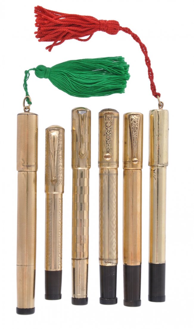 Six eyedropper filler safety pens, all inked, to i: Six eyedropper filler safety pens, all inked, to include: Waterman, ideal, the barrel and cap with engine turned decoration, the cap stamped .K.R'; Waterman, ideal, the faceted barrel and cap with