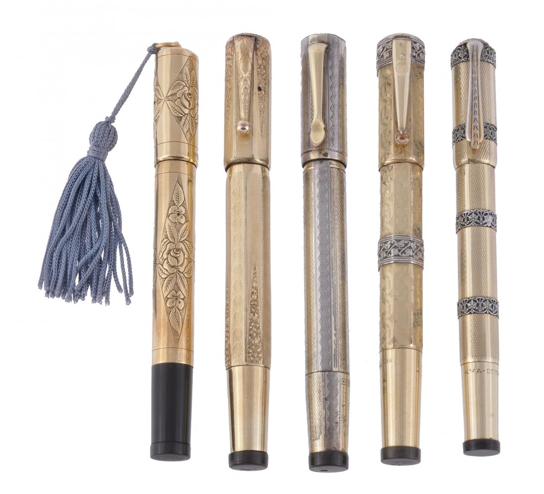Five safety pens, all inked, eyedropper filling sy: Five safety pens, all inked, eyedropper filling system, comprising: Waterman, Ideal, the faceted barrel and cap of geometric design with later applied bands of foliate detail, stamped u0'; Waterman,