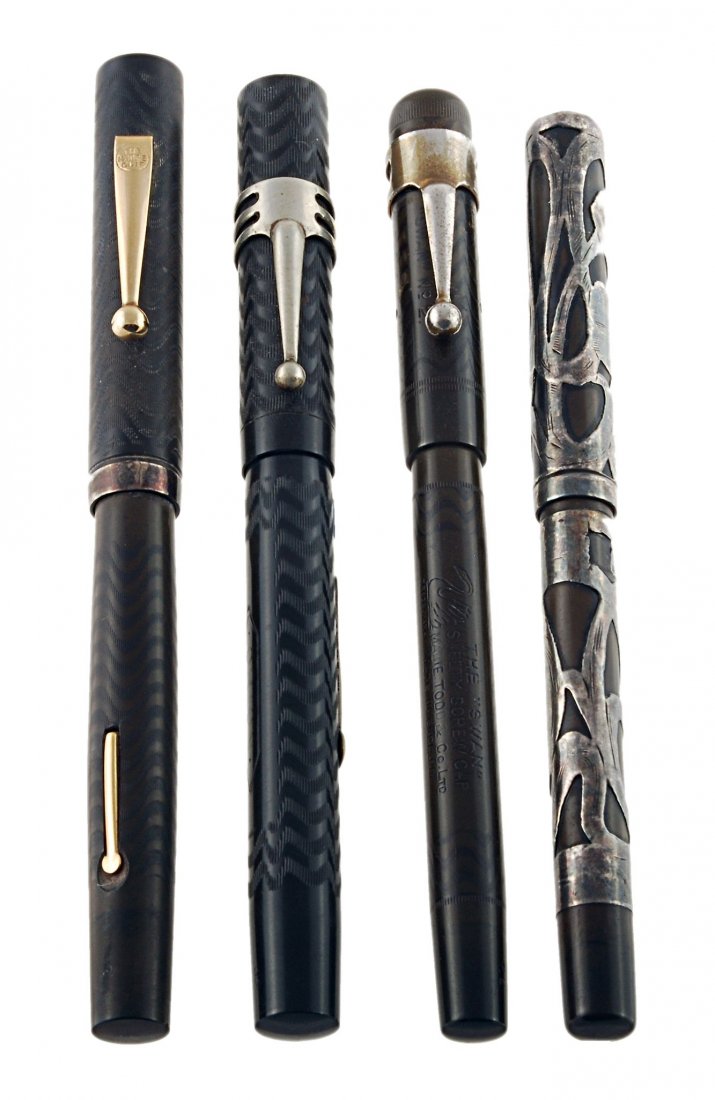 Four fountain pens, all inked, comprising: Four fountain pens, all inked, comprising: a Mabie and Todd fountain pen, the Swan, No 2, safety screw cap, circa 1911, eye dropper filling system, the faded black barrel and cap with gadrooned decora