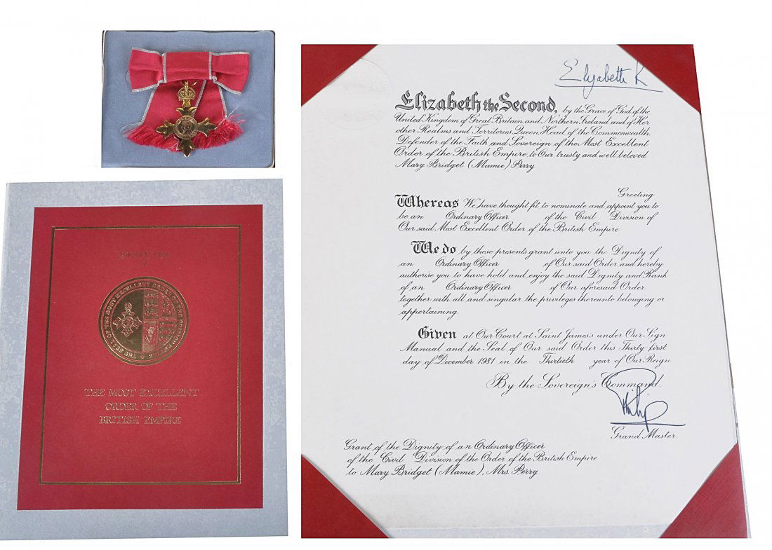 Order of the British Empire, a ladyâ€™s silver offic: Order of the British Empire, a lady’s silver officer's breast badge (OBE), in case of issue, with award document signed by Prince Philip, Grand Master, to Mrs Mary Bridget (Mamie) Perry, 31 st