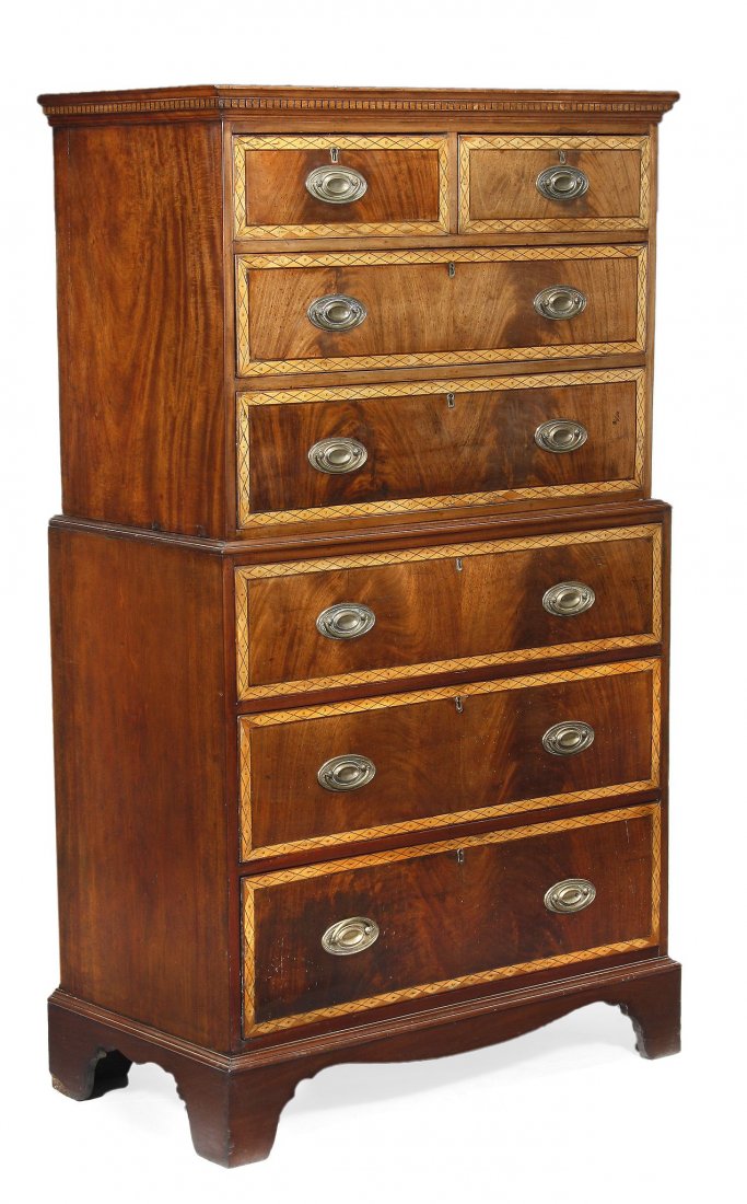 A mahogany and satinwood cross banded chest on che: A mahogany and satinwood cross banded chest on chest, 18th century and later elements, dentil cornice, two short and five long drawers on bracket feet, 166.5cm high, 96cm wide, 51cm deep