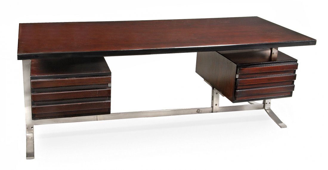 A hardwood and brushed steel desk by Gianni Moscatelli,: A hardwood and brushed steel desk by Gianni Moscatelli, circa 1960, the rectangular top above an arrangement of drawers, 79cm high, 205cm wide, 90cm deep