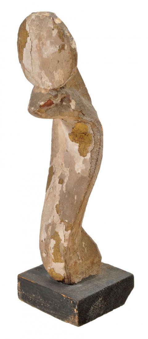 An Egyptian carved and giltwood uraeus modelled as a: An Egyptian carved and giltwood uraeus modelled as a rearing cobra, Late Period, circa 664-332 B.C., the head mounted with a solar disc, 20cm high, on a later, rectangular section ebonised wood base,