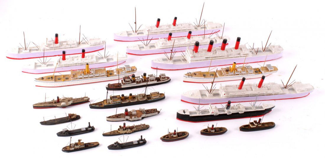 A collection of twenty one 1/600 scale and smaller: A collection of twenty one 1/600 scale and smaller Waterline models of ships, paddle steamers and tugs , including models of Arundel Castle, Walner Castle, Dover Castle, Briton, Saxon, Norman and smal