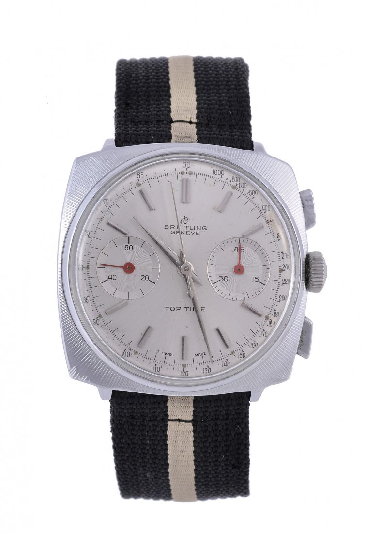 Breitling, Top Time, a gentleman's stainless steel and: Breitling, Top Time, a gentleman's stainless steel and chrome plated chronograph wristwatch, circa 1970, ref. 2007/33, no. 12-2.4.18, the three piece case with silvered dial, baton numerals, tapered h