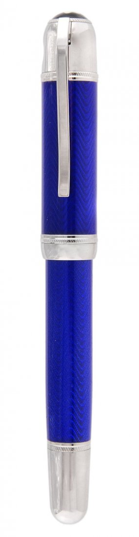 Montblanc, Writers Series, Jules Verne, a limited: Montblanc, Writers Series, Jules Verne, a limited edition fountain pen , no. 05298/18500, released 2003, with a blue guilloche enamelled barrel and cap with polished white metal clip and trim, the cap