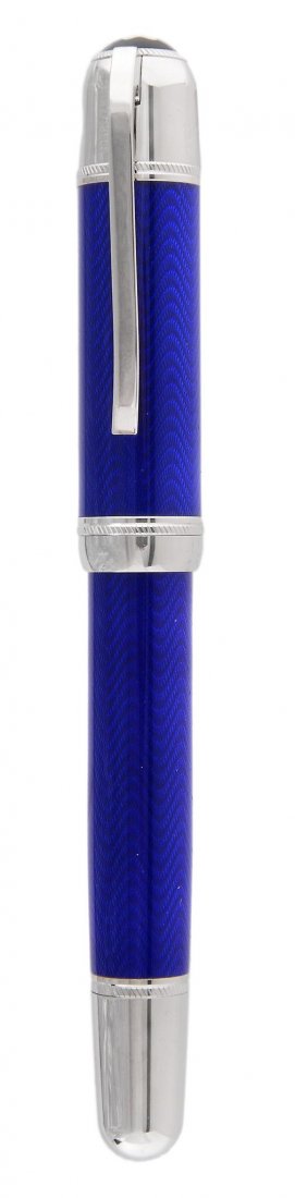 Montblanc, Writers Series, Jules Verne, a limited: Montblanc, Writers Series, Jules Verne, a limited edition fountain pen, no.16182/18500, with a blue guilloche enamelled barrel and cap with polished white metal clip and trim, the cap with Jules Verne