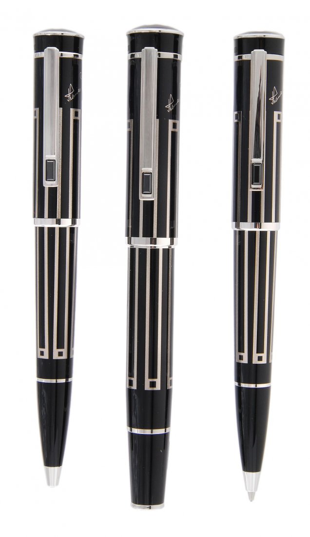 Montblanc, Writers Series, Thomas Mann, a limited: Montblanc, Writers Series, Thomas Mann, a limited edition fountain pen, ballpoint pen and mechanical pencil set, no.0511/4000, the fountain pen with black lacquered barrel and cap and platinum inlay,