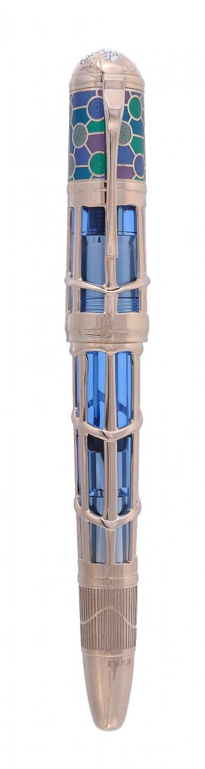 Montblanc, Skeleton, Antoni Gaudi, 128, a limited: Montblanc, Skeleton, Antoni Gaudi, 128, a limited edition fountain pen, no.76/128, the blue translucent cap and barrel with gold coloured overlay reminiscent of the curving balconies of the Casa Batll
