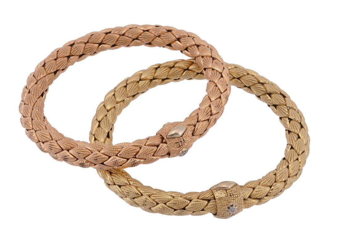 Two fancy link Italian bracelets, by Chimento: Two fancy link Italian bracelets, by Chimento , the bracelets composed of articulated lozenge shaped textured links, with Italian control marks and stamped u0', each with a brilliant cut diamond accen