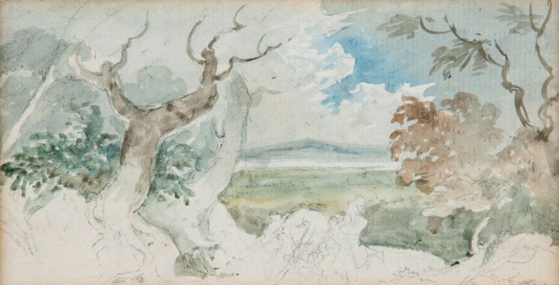 Circle of John Constable - Landscape with figures,: Watercolour and pencil Bears pencil signature on reverse 8 x 15 cm (3 1/4 x 5 3/4 in) Provenance: ex-collection of Norman Baker.