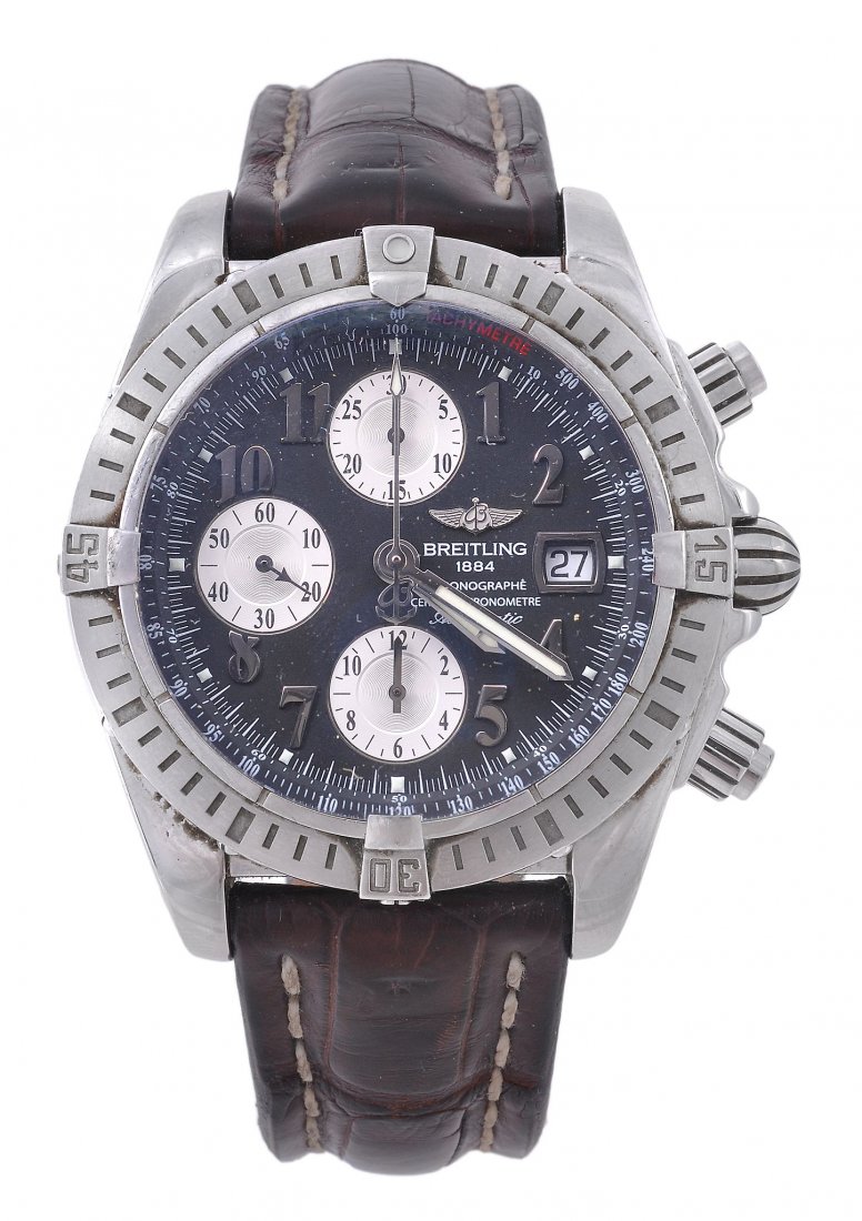 Breitling, a gentleman's stainless steel chronograph: Breitling, a gentleman's stainless steel chronograph wristwatch, circa 2000, ref. A13356, no. 794533, the two piece screw down case with black dial, Arabic numerals, luminous skeleton baton hands, sub