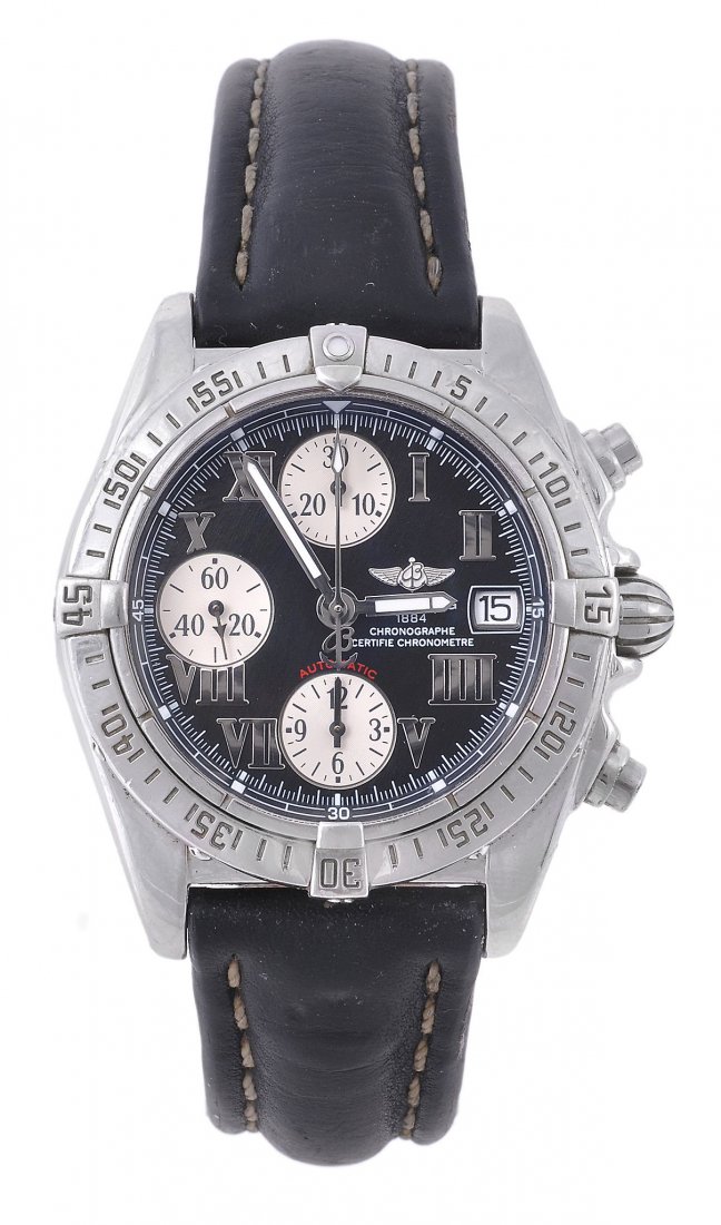 Breitling, a gentleman's stainless steel chronograph: Breitling, a gentleman's stainless steel chronograph wristwatch, circa 2000, ref. A13358, no. 2460903, the two piece screw down case with black dial, Roman numerals, luminous skeleton baton hands, dat