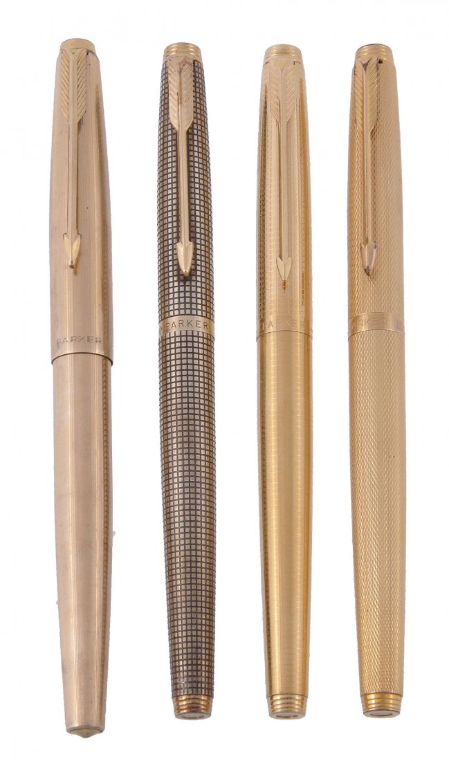 Parker, CicelÃ© , a rolled gold on silver fountain pen: Parker, CicelÃ© , a rolled gold on silver fountain pen, with black highlighted decoration and the cap with an arrow clip, with an aerometric filling system, inked; together with three further rolled