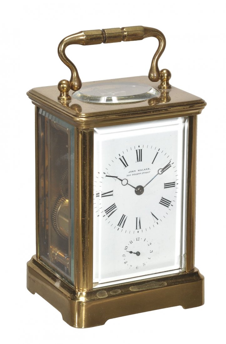 A French lacquered brass carriage timpiece with alarm,: A French lacquered brass carriage timpiece with alarm, retailed by John Walker, London, late 19th century, the eight-day movement with silvered platform lever escapement and alarm sounding on a bell,