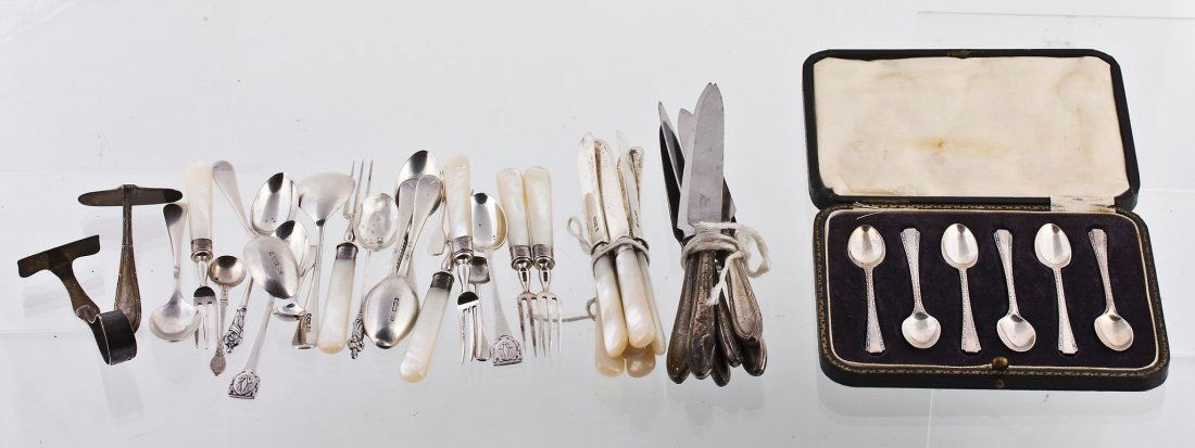 A collection of silver flatware, to include: A collection of silver flatware, to include: six fruit knives and forks by Cooper Brothers & Sons Ltd., Sheffield 1928, with mother of pearl handles, the knives, 16.5cm long; a cased set of six coffee