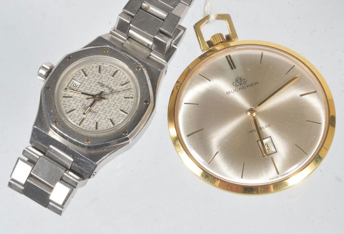 Eberhard & Co., Royal Matic, a lady's stainless steel: Eberhard & Co., Royal Matic, a lady's stainless steel wristwatch, the round dial with baton markers, date aperture, case diameter 25 mm, on a flexible bracelet; and a Bucherer gold plated keyless pock