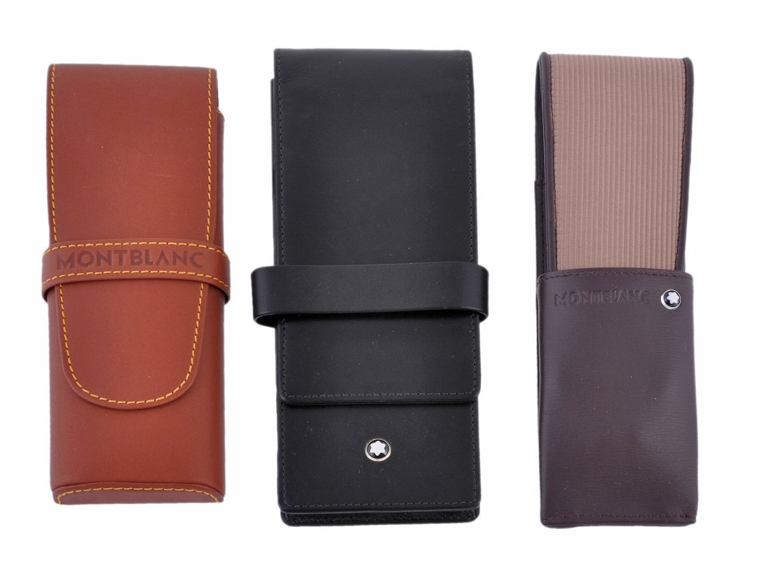 Montblanc, a black grained calf leather pen collector's: Montblanc, a black grained calf leather pen collector's box, with space for eight pens, popper closing and set Montblanc motif to lid, with service guide, original inner wrapping, presentation box and