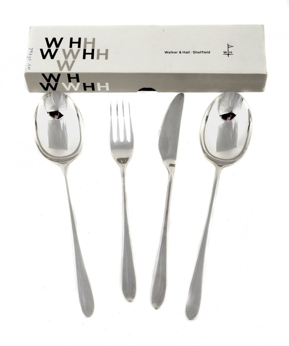 David Mellor for Walker & Hall, a silver Pride pattern: David Mellor for Walker & Hall, a silver Pride pattern fish knife and fork and two table spoons, Sheffield 1961, 1962 and 1965, 217g (6.95 oz), in a Walker & Hall cardboard box