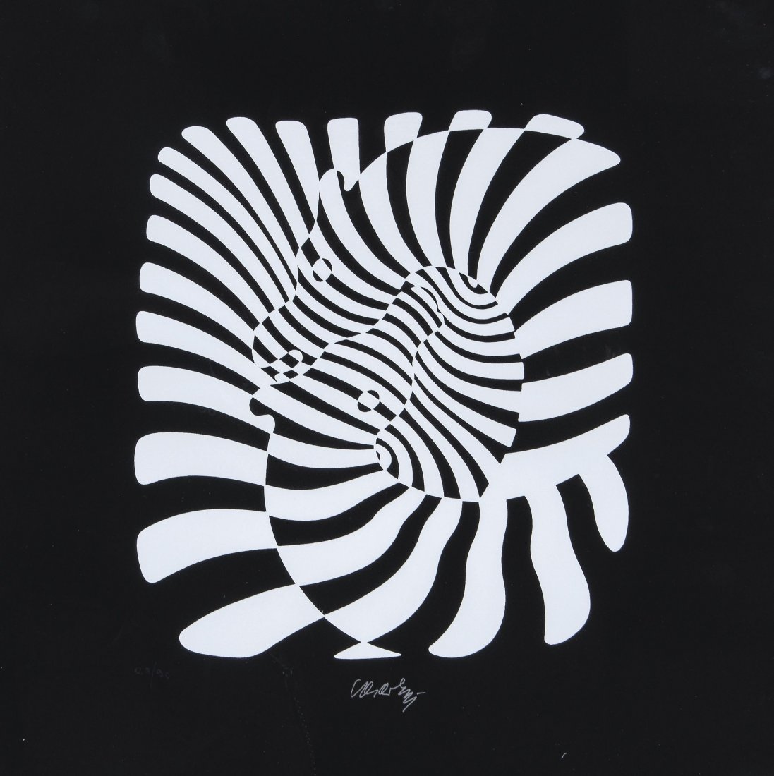 Victor Vasarely (1906-1997) - Zebras: screenprint in black, signed in silver felt-tip pen, numbered 28/90, on wove paper, the full sheet printed to the edges, 50 x 50cm (19 5/8 x 19 5/8in) Please note this lot may be subject to droit de s
