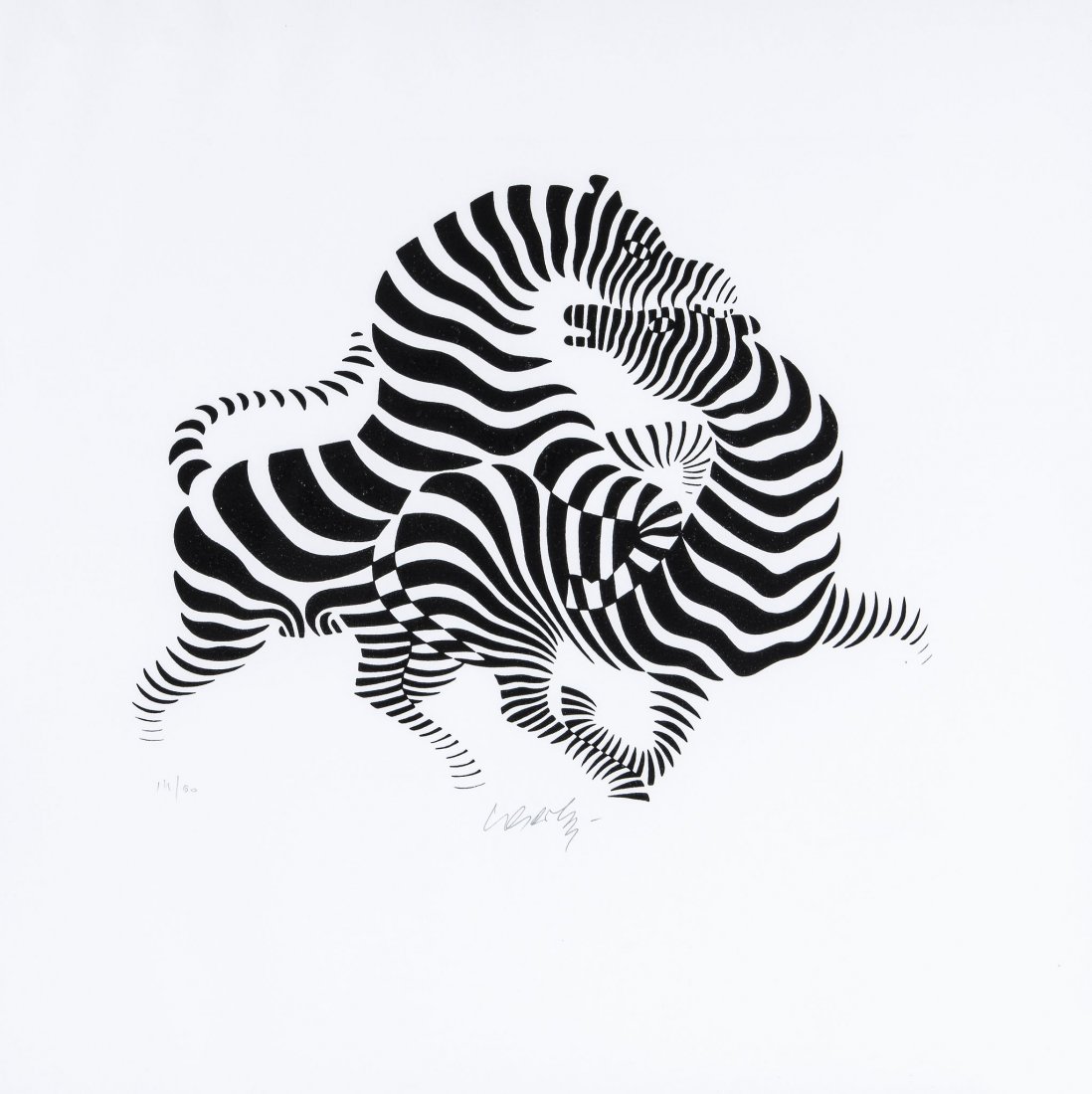 Victor Vasarely (1906-1997) - Zebra Couple: screenprint, ca. 1980-1989, signed in silver felt-tip pen, numbered 14/90, on wove paper, with full margins, 49 x 49cm (19 1/4 x 19 1/4in) Please note this lot may be subject to droit de suite. IMPORT