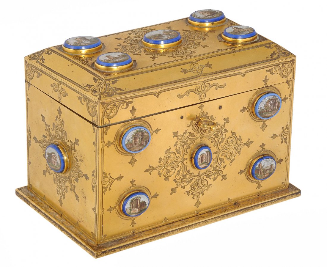 The Property of a Lady A fine Victorian gilt bronze and: The Property of a Lady A fine Victorian gilt bronze and micro-mosaic mounted stationery casket, circa 1870, of rectangular form with canted angles to the hinged cover, the top, front and back each app