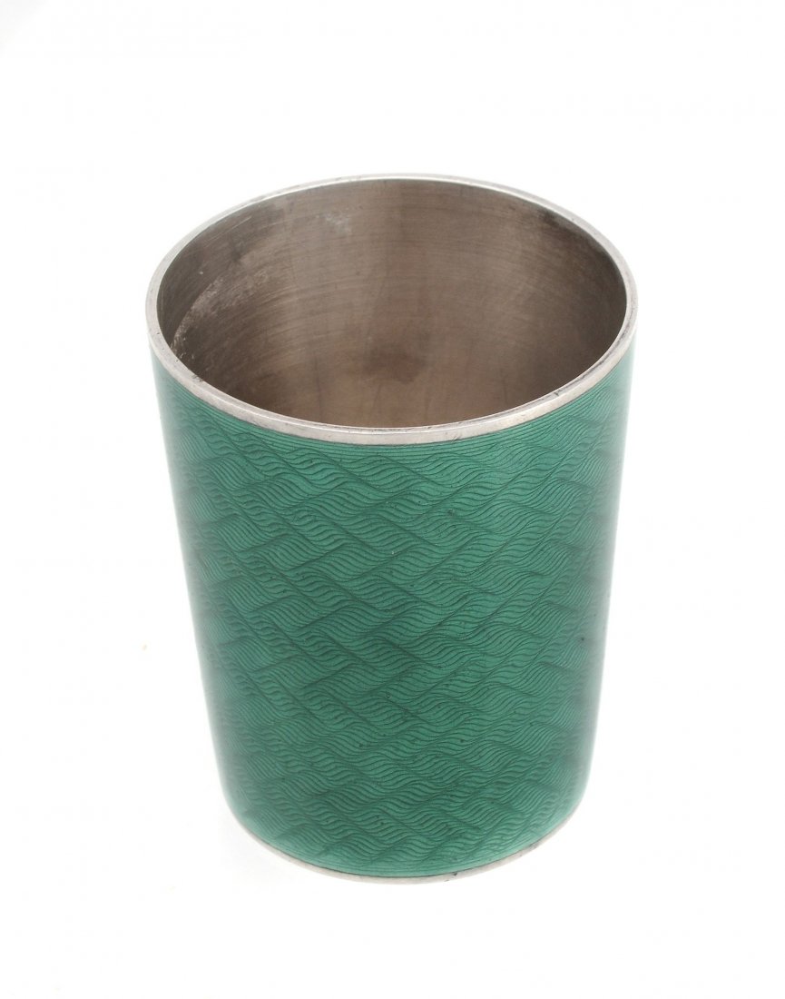 A Russian silver and green guilloche enamelled beaker: A Russian silver and green guilloche enamelled beaker (charka) by Mikhail Grachev (1873-1917), St Petersburg late 19th century, 88 zolotniks, signed in full under the Imperial warrant, straight-tapere
