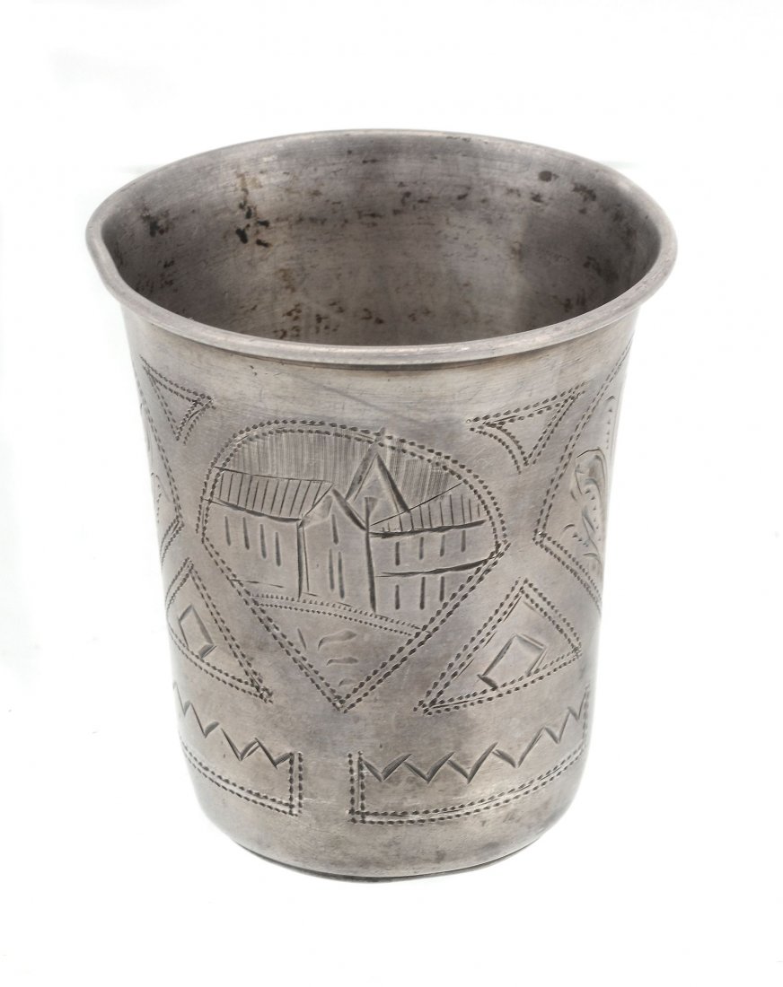 A Russian silver straight-tapered beaker, maker's mark: A Russian silver straight-tapered beaker, maker's mark OR (Cyrillic, not traced), 1896-1918 Kokoshnik mark for Vilnius, assay master Anatoli Artsybashev, 84 zolotniks, engraved with building and with 