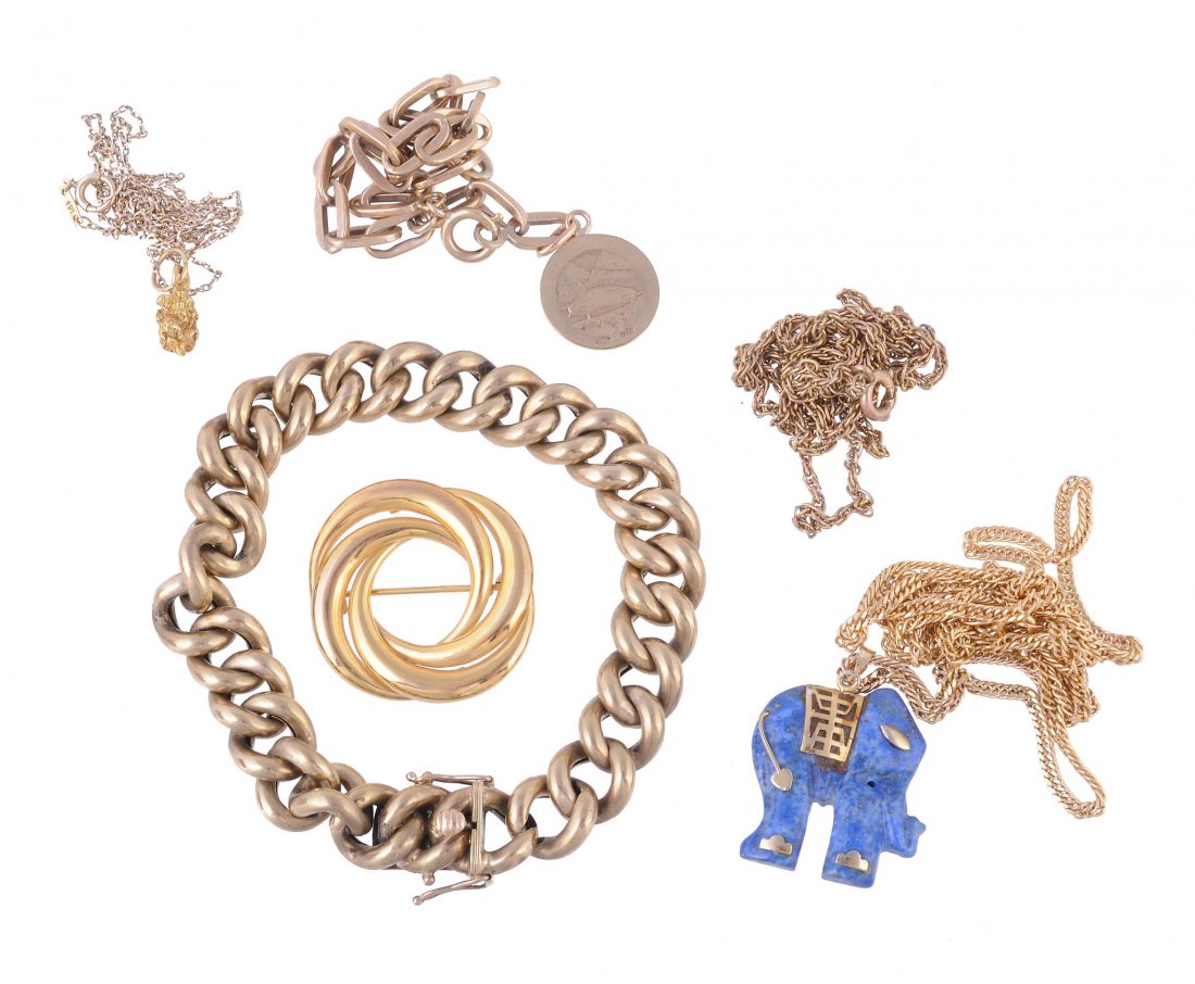 A curb link bracelet, with a concealed box snap clasp,: A curb link bracelet, with a concealed box snap clasp, stamped 333, 20.5cm long, 21.7g; a lapis lazuli pendant, in the form of an abstract elephant, on a curb link chain, stamped 333 with Italian cont