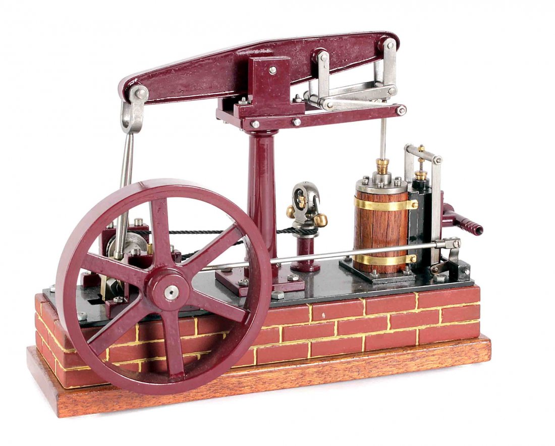 A well engineered model of a 1/2 inch scale freelance: A well engineered model of a 1/2 inch scale freelance beam engine, built by Mr D. Russell of Fraserburgh, the single cylinder with outside steam valve operated from rod linked to eccentric on the open