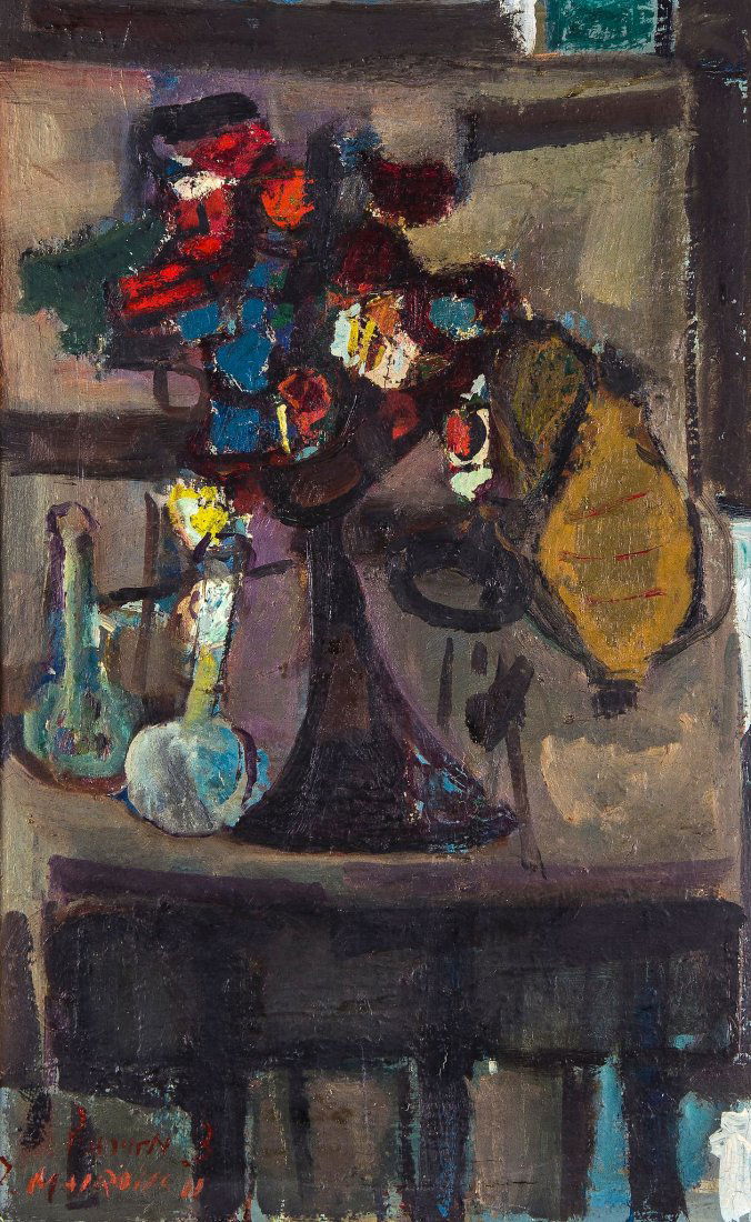 Zvi Mairovich (1911-1974) - Still life with flowers: Oil on board Signed in Hebrew and English Mairovich lower left 60 x 37.5 cm (23 5/8 x 14 3/4 in) Please note this lot may be subject to droit de suite. IMPORTANT: This lot is sold subject to Artists R