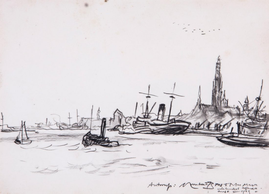 Sir Muirhead Bone (1876-1953) - Antwerp,: Charcoal Titled, signed and dedicated to Mrs Mayer with kindest regards Aug 8, 1929 , lower right 20.5 x 27.5cm (8 x 10 7/8 in) With Tagus, charcoal, ink and watercolour, signed and inscribed in ink t
