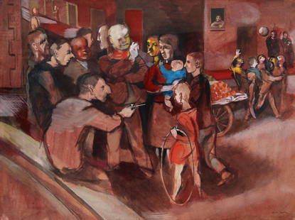 Robert Medley (1905-1994) - Street scene (in red): Mixed media Signed lower right Inscribed on label on reverse 51 x 68 cm (20 x 26 3/4 in) Please note this lot may be subject to droit de suite IMPORTANT: This lot is sold subject to Artists Resale Rig