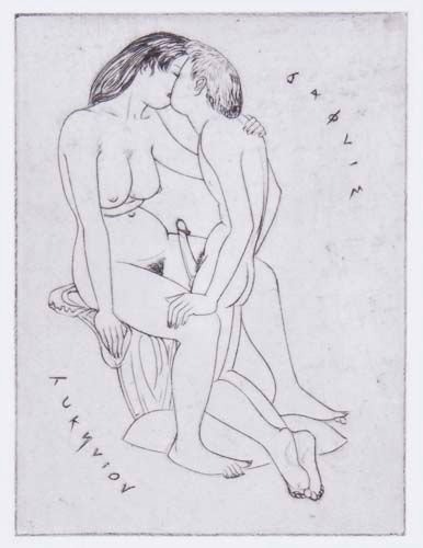 John Buckland-Wright (1897-1954) - Young lovers,: Etching with plate tone, on wove paper Circa 1950, 100 x 80 mm. (4 x 3 1/4 in) With the etching "Classical Scene", on light-grey wove paper, studio stamp verso , circa 1952, 90 x 85 mm. (3 1/2 x 3 1/4