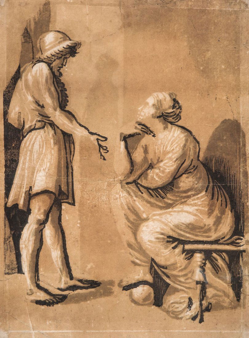 Ugo da Carpi (c.1480-1520) - Raphael and his mistress: After Raphael, [ Bartsch XVII.140.2] Chiaroscuro woodcut, printed from three blocks in brown ink Circa 1498-1520 Sheet c.31 x 23 cm. (12 1/4 x 9 in)