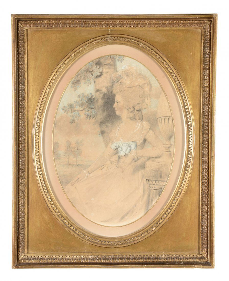John Downman (1750-1824) - Portrait of a Young lady: Coloured chalks, watercolour, over pencil, heightened with white Signed and indistinctly dated 17[??] lower right Oval, 36 x 26 cm. (14 1/4 x 10 1/4 in)