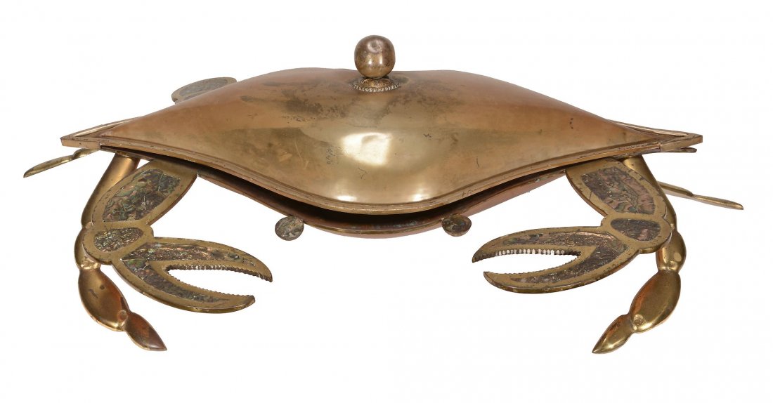 A gilt copper and abalone shell inset serving dish in: A gilt copper and abalone shell inset serving dish in the form of a crab, 20th century, the cover with spherical handle, 27cm high, 88cm wide overall